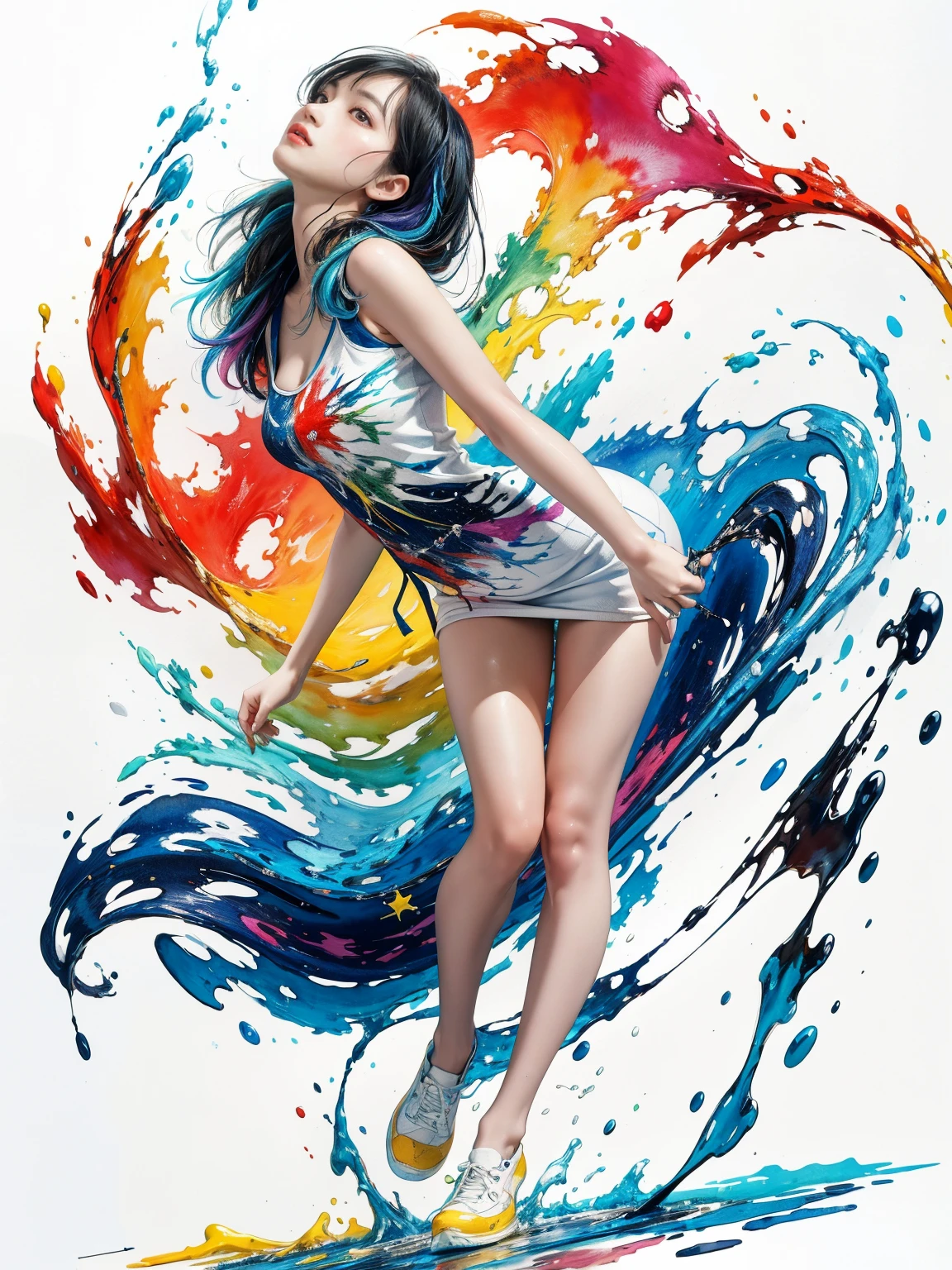 (Best quality, watercolor painting, colorful, sharp focus), (full body, wide angle shot), (1 cute Korean girl), Jackson Pollock action painting, kinetic expression, colorful hair, (Splash and Drip Art Minimalism:1.1), van gogh star moon sky background, studio, style painting magic