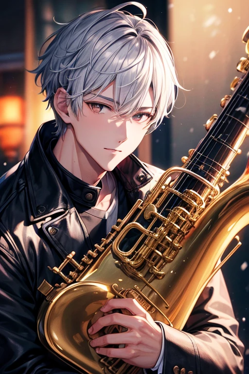 a handsome guy、20代の男性、Winter clothes、Silver-haired shorthair、brown eyes、long sleeve、jazz、Saxophonist、jazzの演奏、High resolution、In 8K、sharp focus、zoom、with the best image quality、highest quality