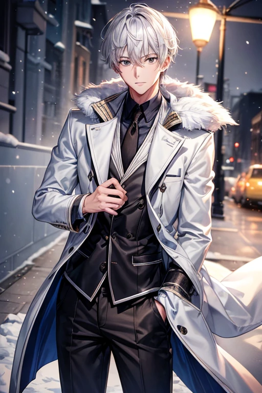 a handsome guy、20代の男性、Winter clothes、Silver-haired shorthair、brown eyes、long sleeve、trombone、High resolution、In 8K、sharp focus、zoom、with the best image quality、highest quality