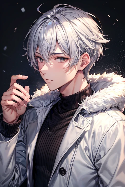 a handsome guy、20代の男性、Winter clothes、Silver-haired shorthair、brown eyes、long sleeve、trombone、High resolution、In 8K、sharp focus、zoom、with the best image quality、highest quality