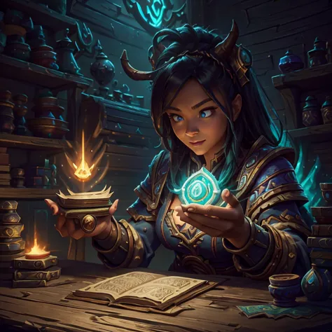 Close-up of a bunch of different items on a wooden table, ornate border + concept art, hearthstone concept art, Magic book page,...