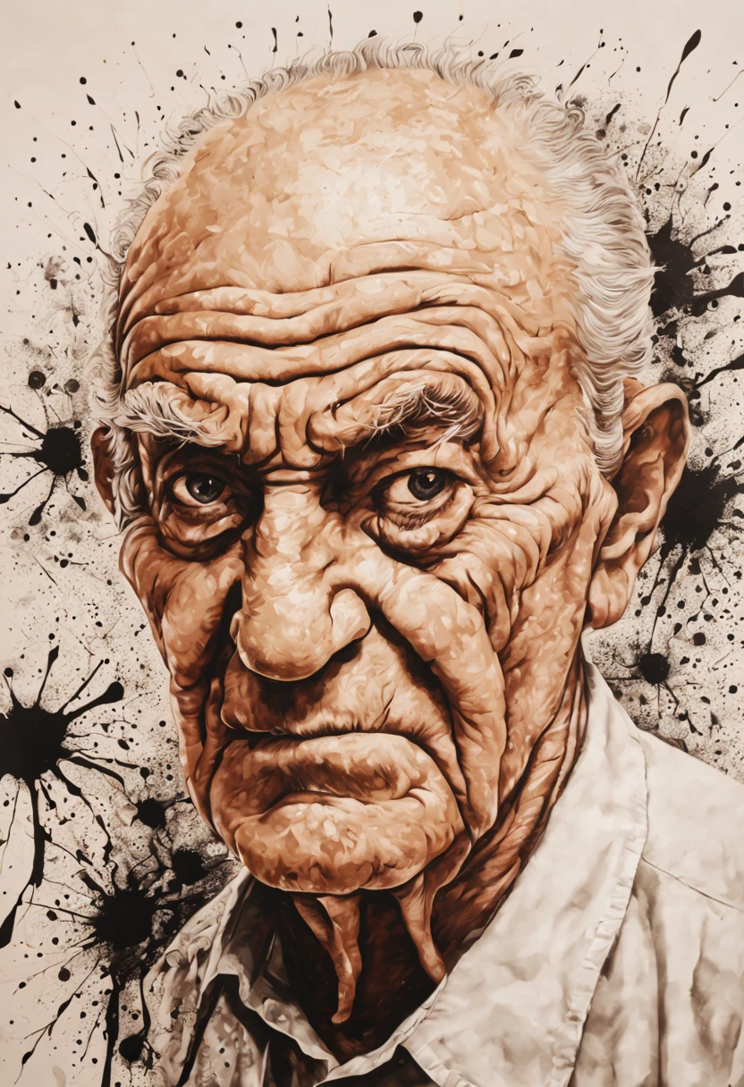 Style of Octavio Ocampo and, ink splatter in a canvas abstract [[[angry old man]]]