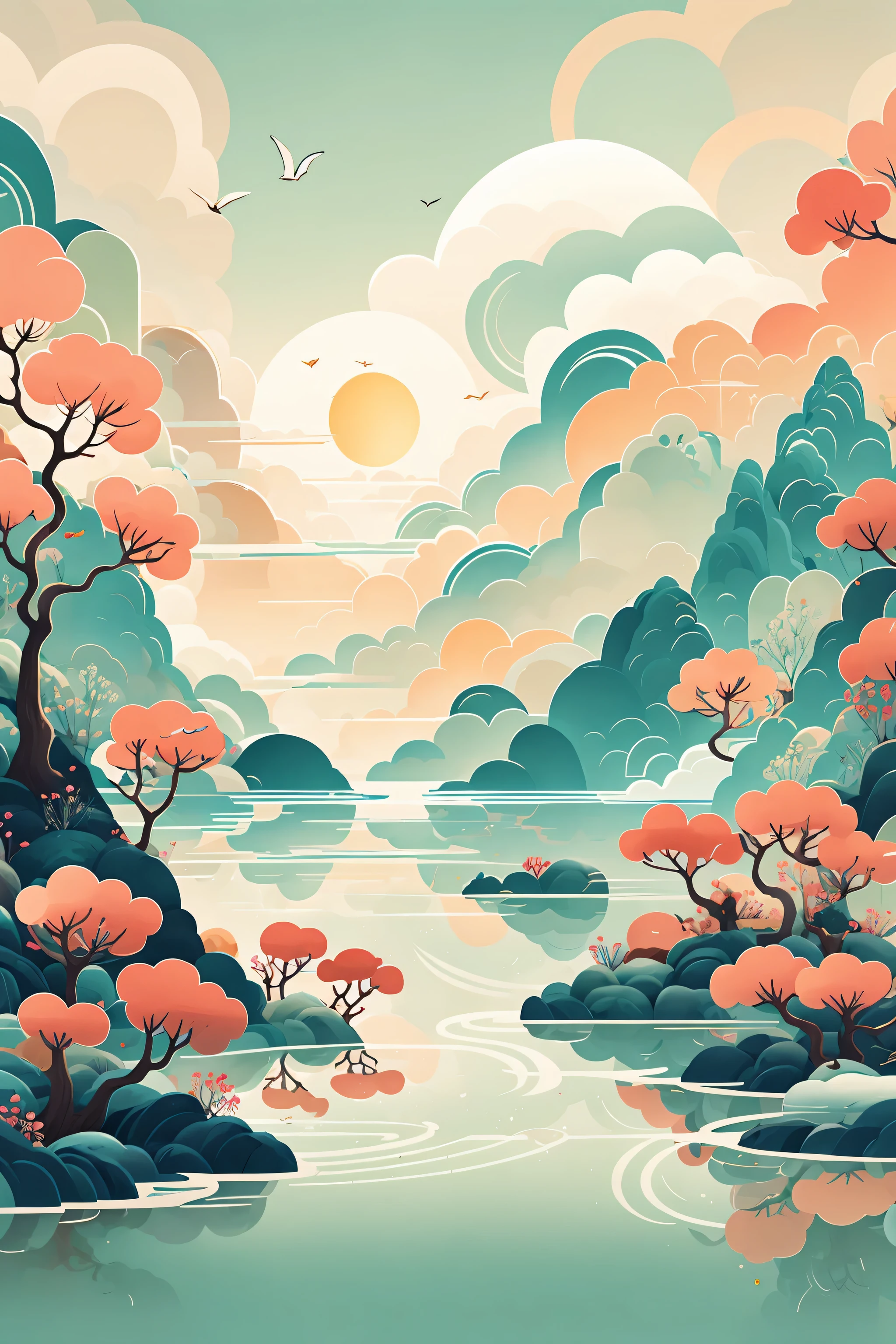 Zen landscape illustration,sun,water,trees,flower,Mountain,bird,flat,blue tint