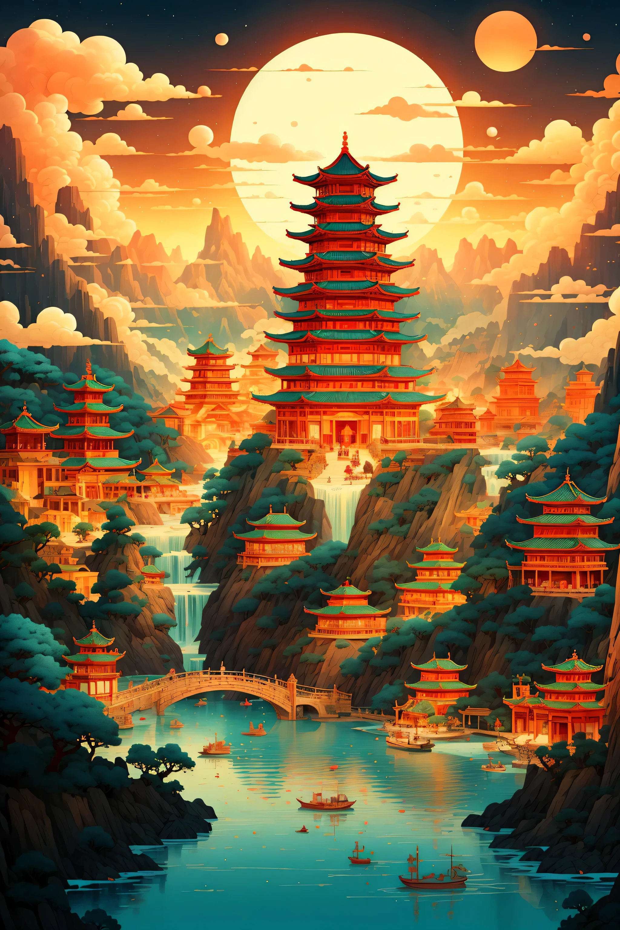 illustration,historic architecture,plan illustration,Minimalism,((墨water...)),night view,Tree,no humans,check mark,(architecture学:0.9),landscape,cloud,water,sun,Sky,watercraft,outdoor,waterfall,pagoda,Boat,architecture,bridge,Mountain,river,Rich details,wooden Boat,blue tint,exquisite lines,depth of field,light,sunrise,