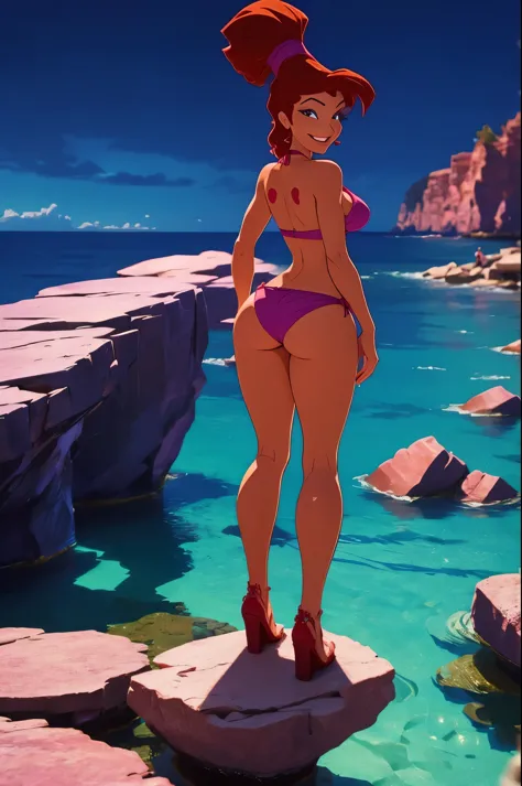 Megara ((bikini)) ((back view)) (full figure) standing with legs spread on a rocky beach, smiling, fun ((masterpiece)) ((best quality)) ((highly detailed))