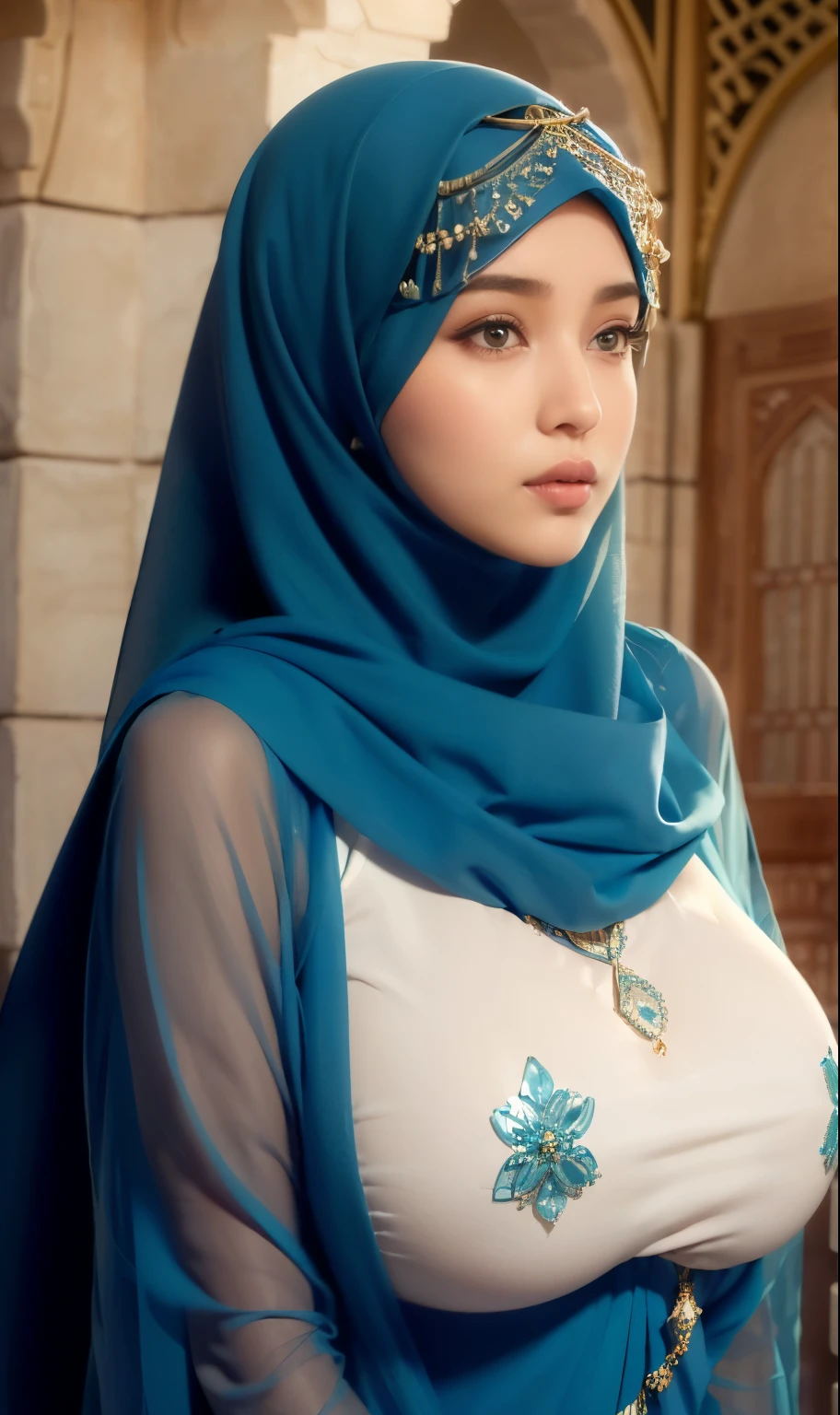 a close up of a woman wearing a blue hijab, beautiful arab woman, beautiful burqa's woman, long flowing fabric, hijab, arabian beauty, african ameera al taweel, burka, gorgeous woman, beautiful iranian woman, close up half body shot, sky blue, close body shot, teal, beautiful, veiled, smooth blue skin, turquoise, chubby cheeks, chubby body, big , big belly