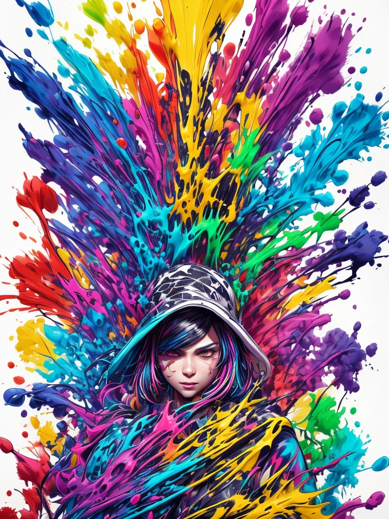 splash art, Fortnite style, portrait poster, ((White background)), ((Colorful ink splash style:1.5)), contour,Super detailed complex detailed, Unreal Engine,fantastic, intricate details, splash screen, complementary colors, fantasy concept art, 8K resolution, Abnormal Art Masterpiece, painting, Blow, Ink dripping