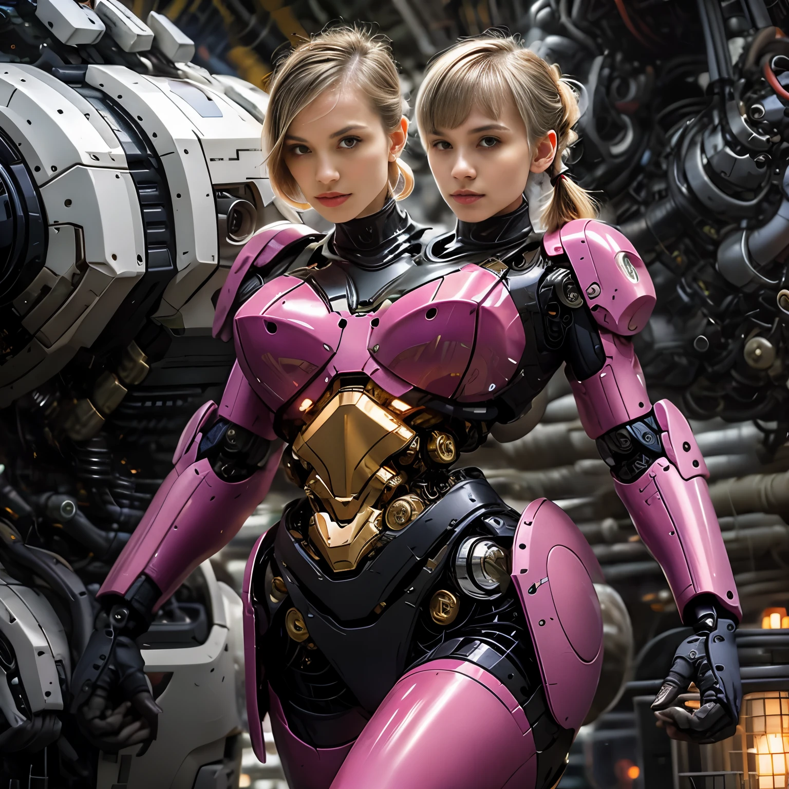 ความละเอียดที่ดีที่สุด, 2หัว, ไซบอร์กหญิงที่มีสองหัว, เชื้อชาติที่แตกต่างกัน, ผมหางม้าสีบลอนด์, พิกซี่คัท,  ตัวหุ่นยนต์สีชมพู, พื้นหลังเชิงกล