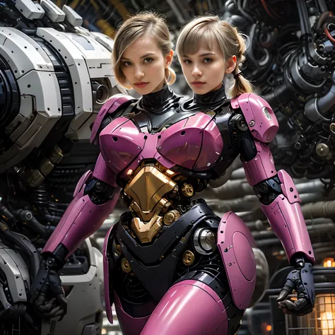 best resolution, 2heads, cyborg woman with two heads, different ethnicities, blonde ponytails, pixie cut,  pink robot body, mechanical background