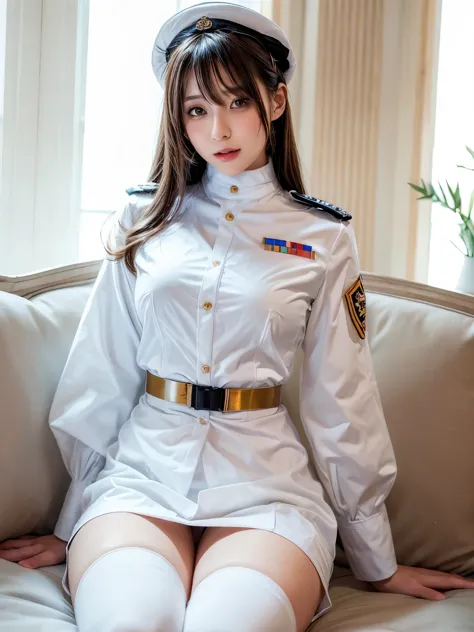 Several women in white uniform in sexy pose, Harem, cushion, lots of light