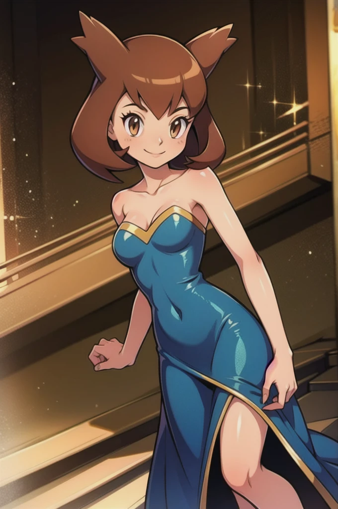 Bianca (pokemon heroes), 1 girl, brown hair, brown eyes, Bare Neck, Bare Arms, Bare Shoulders, Sequin Dress, Blue Sequin Strapless Maxi Dress Long Skirt, Royal Ballroom Background, staircases, light smile, intricate details, sharp focus, high resolution, standing up