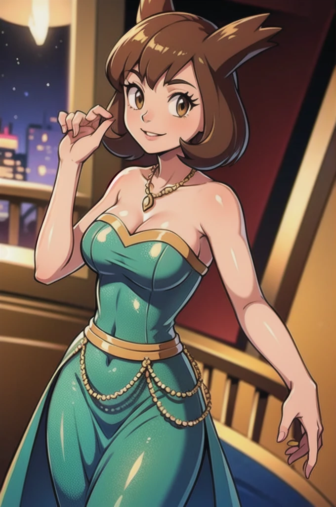 Bianca (héros pokémon), 1 fille, cheveux bruns, yeux marrons, Cou nu, Bras nus, Épaules nues, Un collier doré en forme de coeur, robe à paillettes, Robe longue bustier bleue à sequins et jupe longue, Fond de salle de bal royale, escaliers, léger sourire, détails complexes, netteté, haute résolution, debout