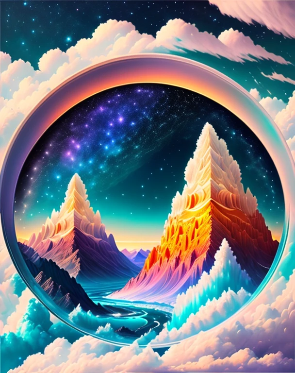 A beautiful land full of water and and clouds, astrophotogr, masterpiece, expert, insanely detailed, 4k, composition, centered, painted, intricate, volumetric lighting, beautiful, rich deep color masterpiece, sharp focus, ultra detailed, no dan mumford and marc simonetti style, vector, print, Masterpiece, neon stars, magic around, god, truth, anticipation, depth, insight, understanding, mountain, galactic lush translucent clouds, spectrum, panorama, star cycle, cycle, round eye, planet, earth, truth, knowledge, power, energy, 