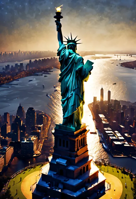 Illuminated Statue of Liberty high above the night city