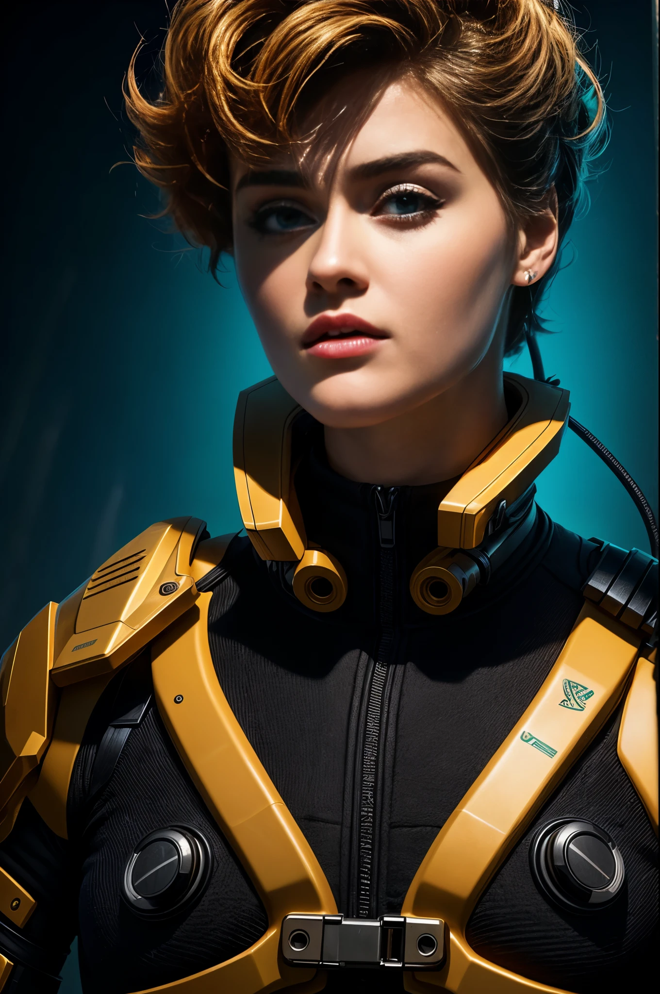 A close up of a woman in a yellow and black suit - SeaArt AI