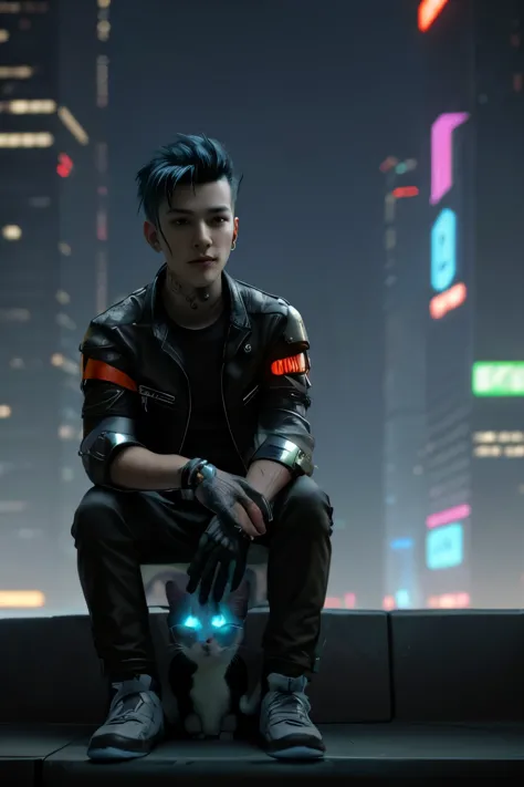 cyberpunk hadsome boy with realistic with cat