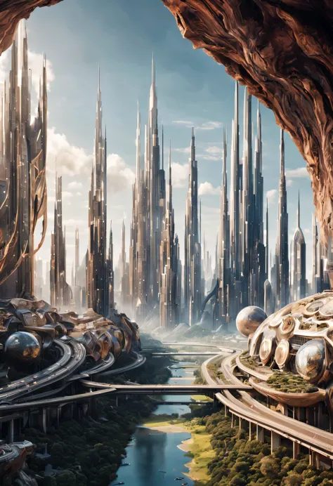 View of the futuristic city. Elements of this image courtesy of NASA