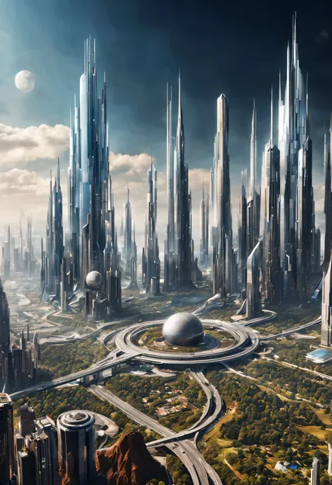 View of the futuristic city. Elements of this image courtesy of NASA