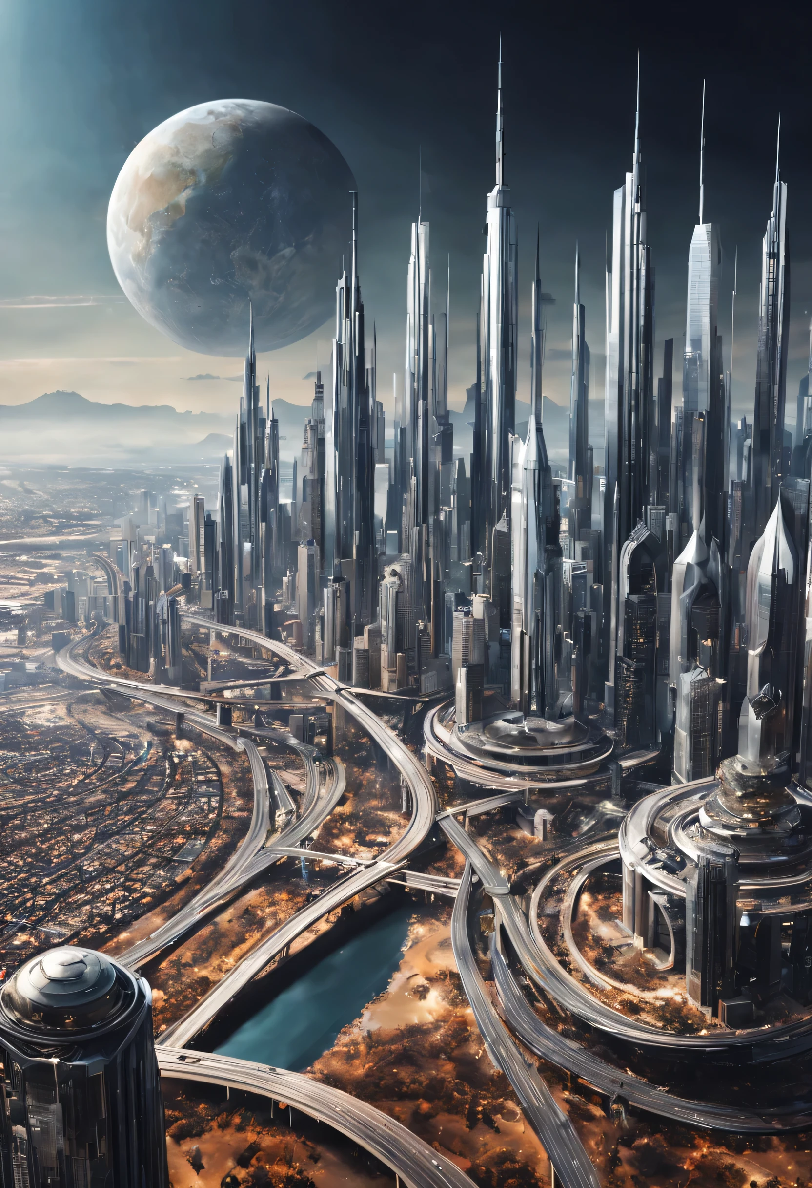 Vista de la ciudad futurista.. Elementos de esta imagen cortesía de la NASA.