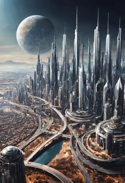 View of the futuristic city. Elements of this image courtesy of NASA