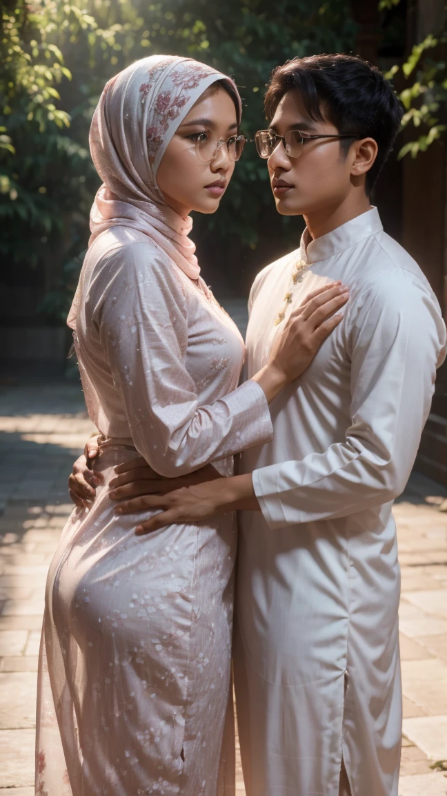 romantic couple photo shoot, wear white muslim cloth. 1 matured malay men 30 year with eyeglass wear muslim cloth ,huyoung malay girl in hijab wearing floral baju kurung  20 - 23 years old, malay men hand on girl shoulder, nighttime, beautiful girl with beautiful perfect body, location: beautiful tropical river, professional photography, bright lighting, 28mm lens, Establishing shot, deep focus cinematography effect, Natural Lighting, pastel color grading, high quality, ultra detail, 8k resolution,