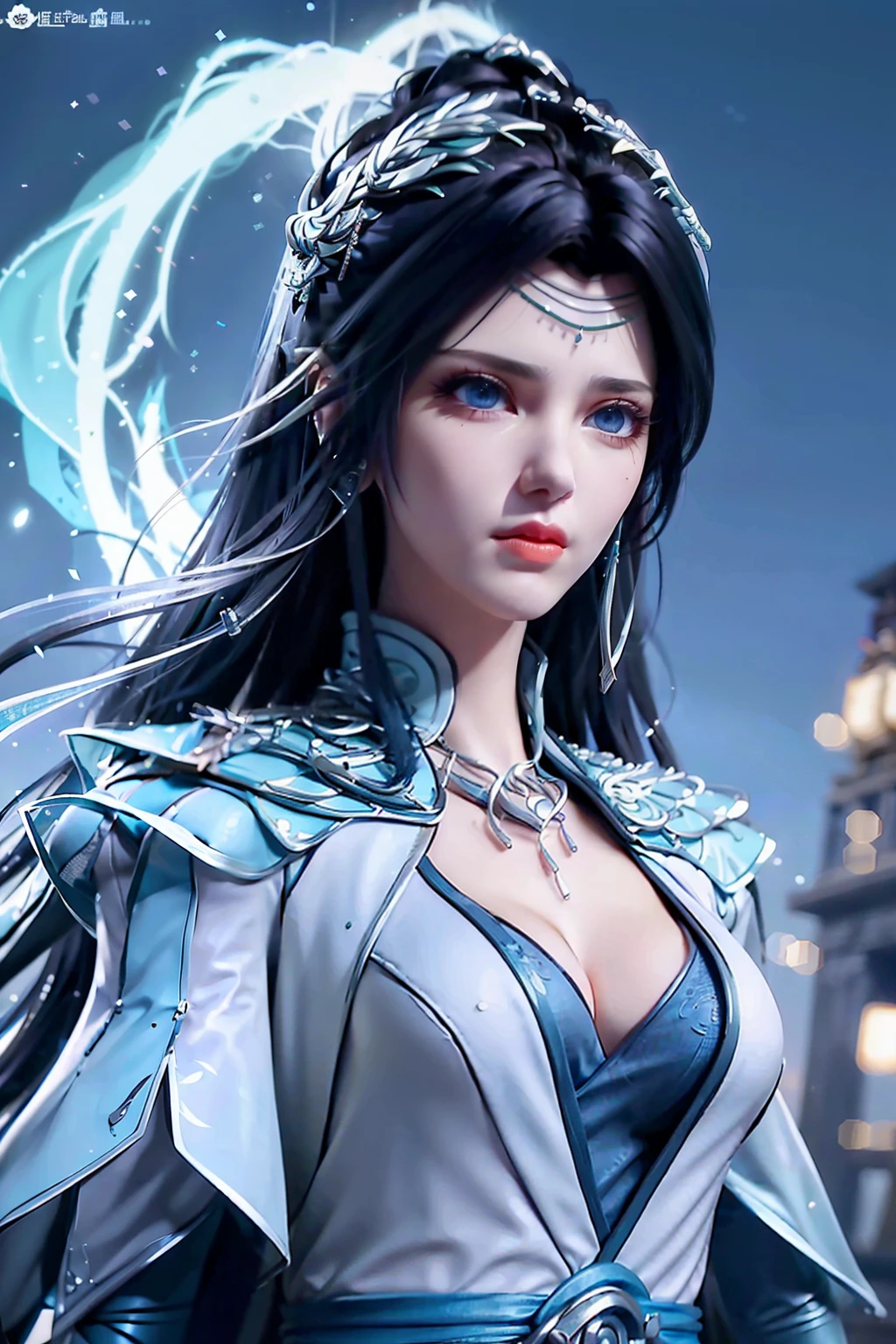 A woman dressed in Assassin's Creed style clothing, with hidden blades concealed at her wrists and hips, dons a black hood that covers her long, wavy hair. Her piercing blue eyes, shrouded in mystery, gaze intently with a focused expression. adorned with top-of-the-line opal jewelry, the intricate pieces glinting in the moonlight, accentuating her stealthy appearance. This avatar woman radiates an aura of power and sophistication, embodying the essence of an Assassin's Creed warrior. (Magazine: 1.5, Cover Style: 1.5, High-Definition, Real