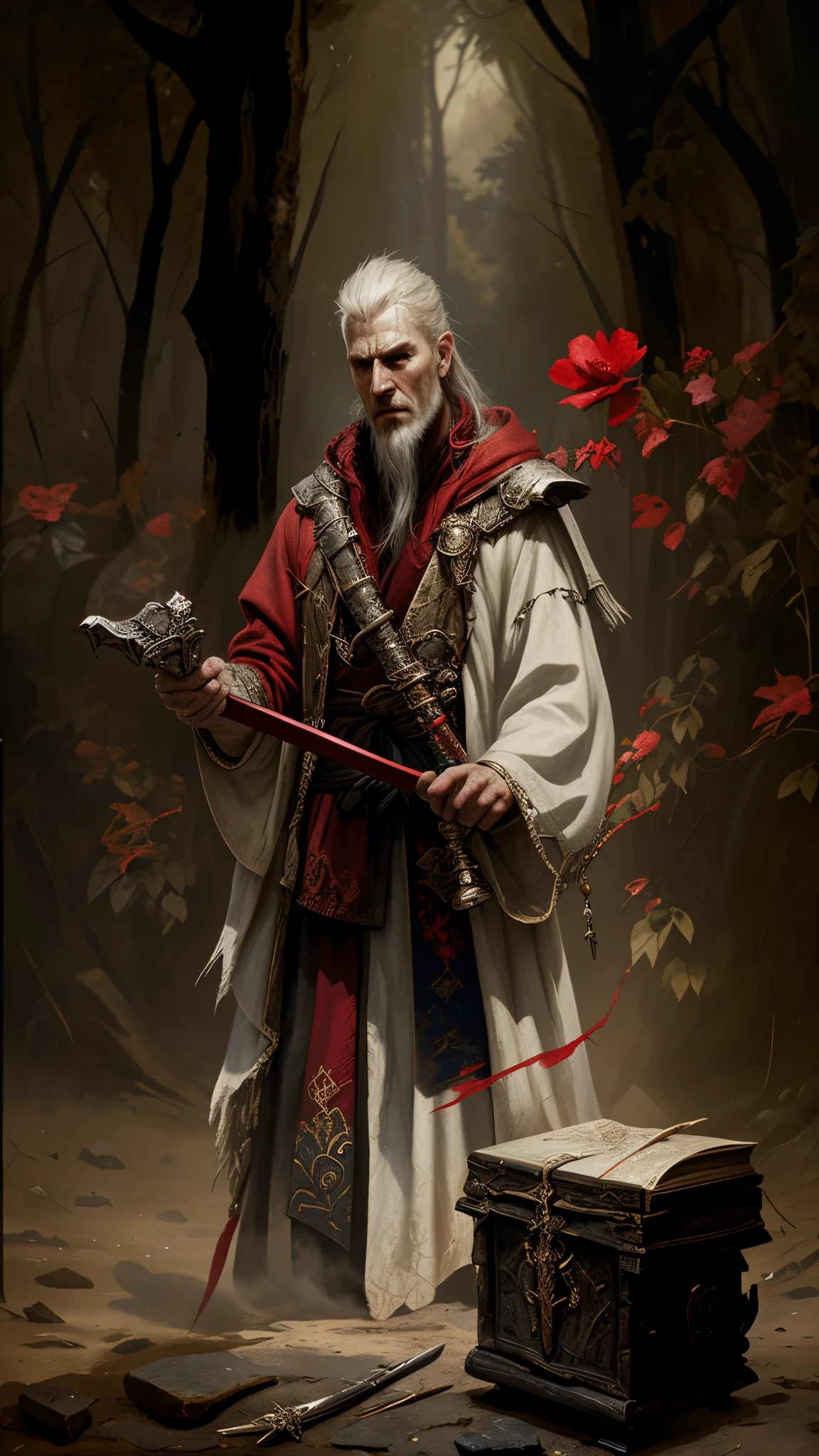 painting of a man dressed in a red robe holding a sword and a chest, portrait of a red sorcerer, а fantasy proto-slavic mythology, russian shaman, fantasy book cover, epic fantasy novel cover art, fantasy book cover painting, young adult fantasy novel cover, novel cover art for a book, cover game art, litrpg novel cover, key art, board game cover art, andrews esao artstyle, high fantasy art movie poster