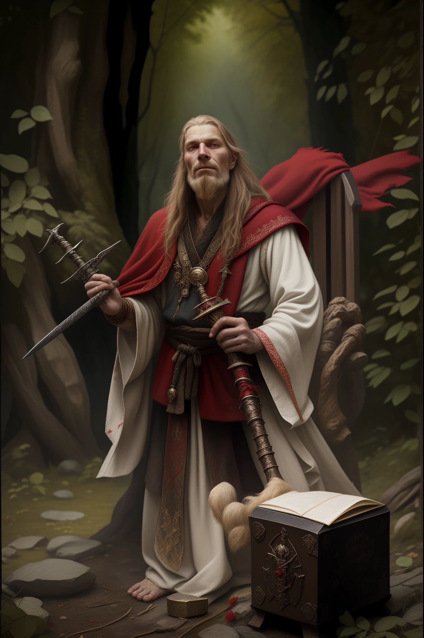 there is a man dressed in a red robe holding a sword and a chest, portrait of a red sorcerer, а fantasy proto-slavic mythology, russian shaman, by Aleksandr Gerasimov, by Darek Zabrocki, portrait of a forest mage, slavic mythology, by Fyodor Rokotov, by Grzegorz Rutkowski