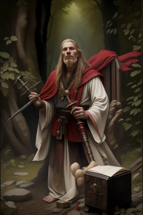 there is a man dressed in a red robe holding a sword and a chest, portrait of a red sorcerer, а fantasy proto-slavic mythology, ...