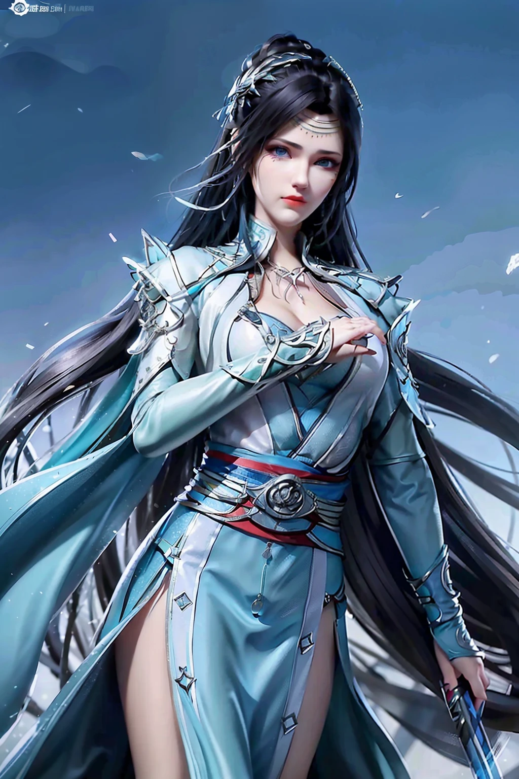 A woman dressed in Assassin's Creed style clothing, with hidden blades concealed at her wrists and hips, dons a black hood that covers her long, wavy hair. Her piercing blue eyes, shrouded in mystery, gaze intently with a focused expression. adorned with top-of-the-line opal jewelry, the intricate pieces glinting in the moonlight, accentuating her stealthy appearance. This avatar woman radiates an aura of power and sophistication, embodying the essence of an Assassin's Creed warrior. (Magazine: 1.5, Cover Style: 1.5, High-Definition, Real