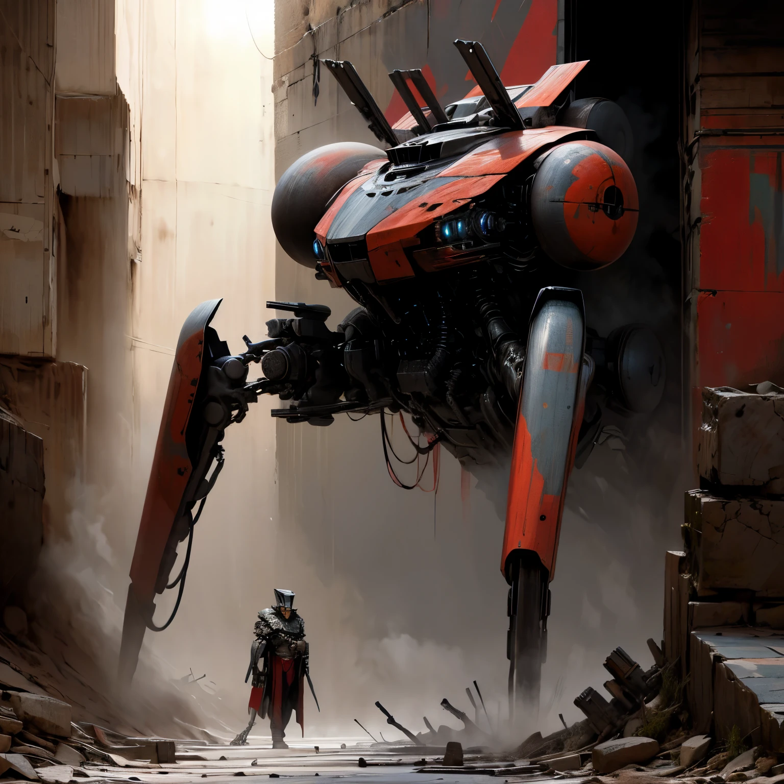 A machine bent on destruction, wreaking havoc in a market, pristine condition, futuristic robot, menacing, simple aesthetic, sleek and elegant, killing machine, red and black paint job, vaguely humanoid, more than two legs 