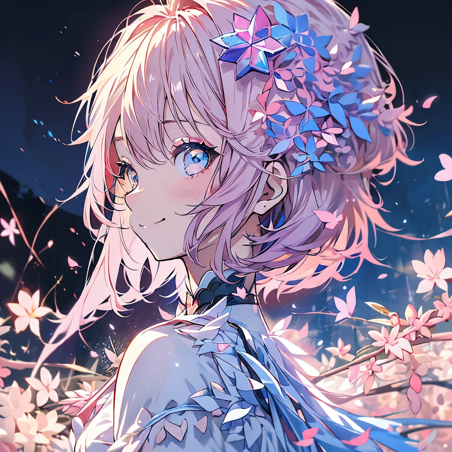 Anime girl with pink hair and blue eyes standing in a field of flowers -  SeaArt AI