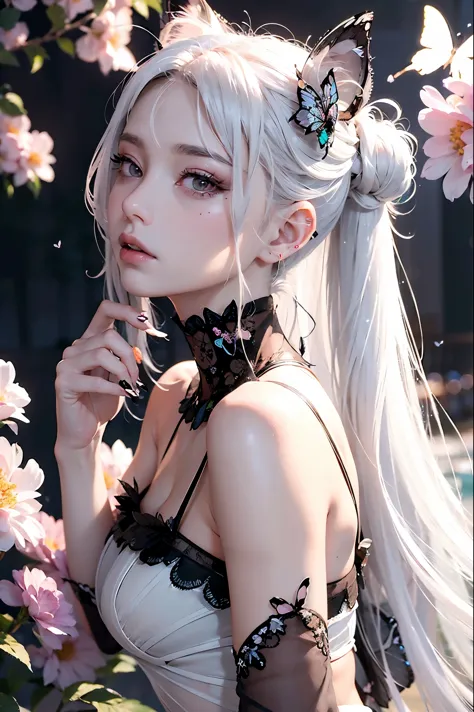 (((RAW photo , insanely detailed, highest quality, high resolution,))) (((white hair Beach waves hairstyle))), (((cosmetics))), ...