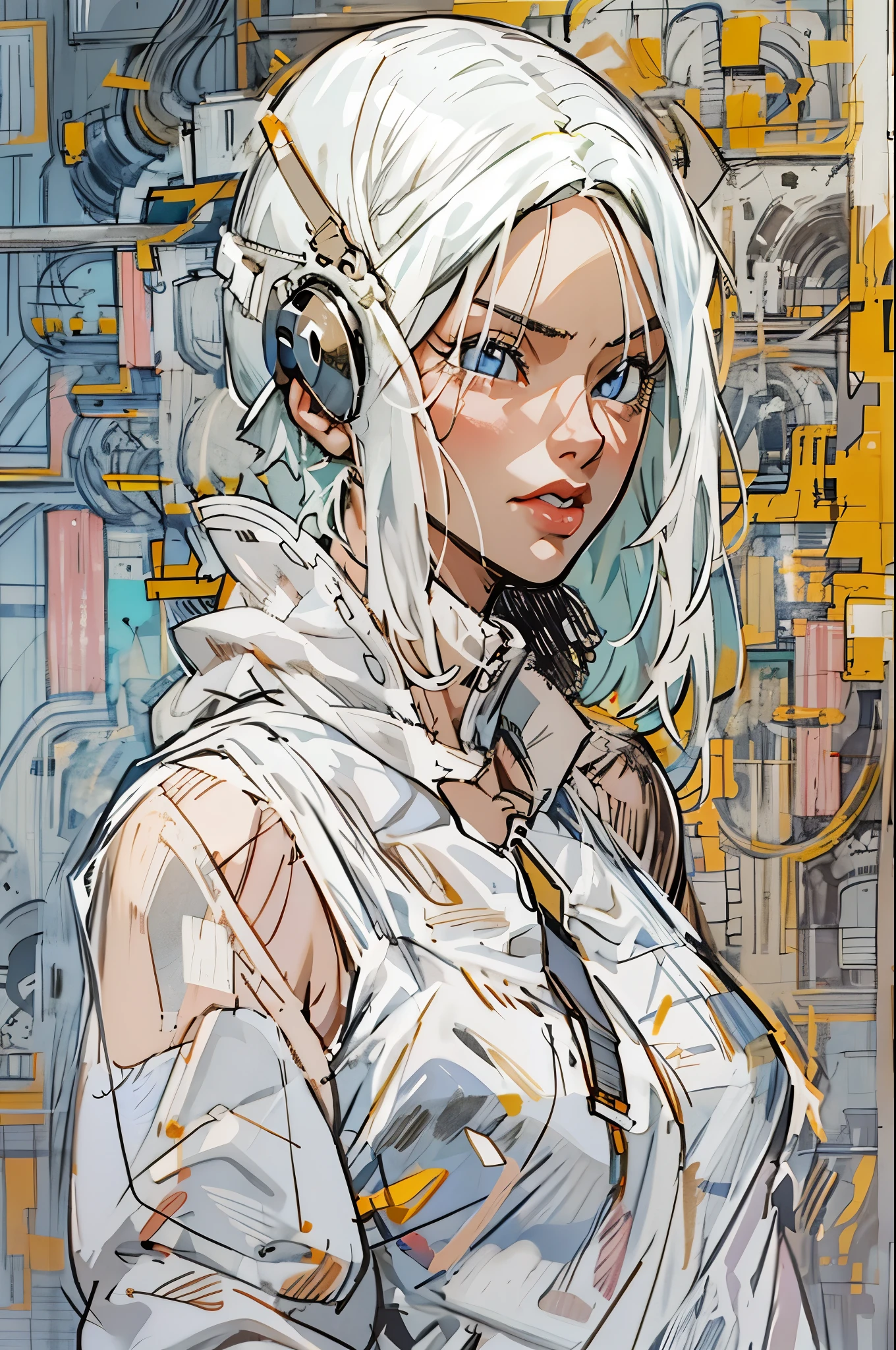 1monk 身着白色 Techwear 服装的女战士, 白色长发, 鞋带, 抽象复古科幻背景, moebius 的艺术作品, 阿什利·伍德（Ashley Wood）的艺术作品