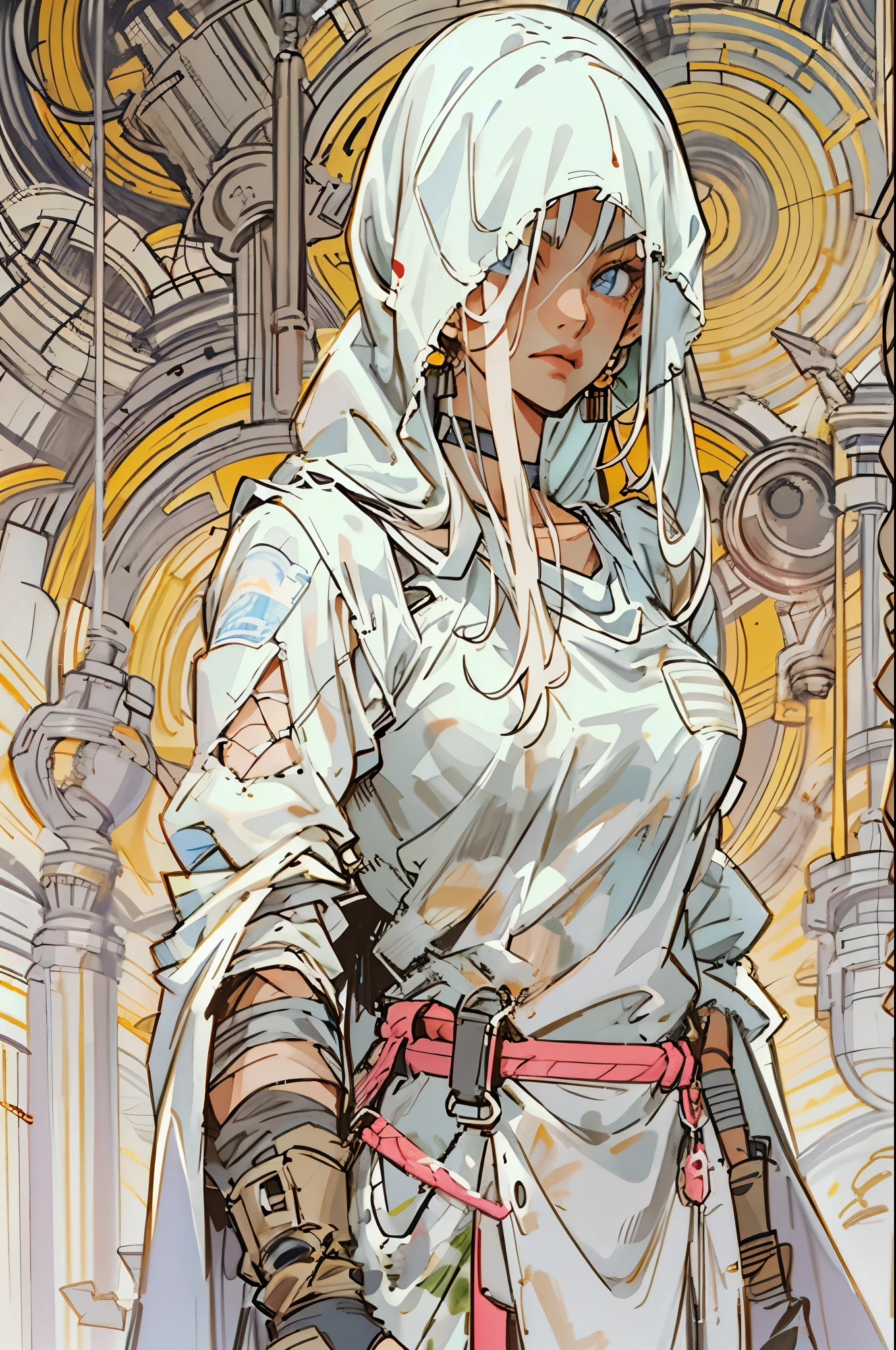 1monk warrior girl with white techwear clothes, white long hair, laces, abstract vintage scifi background, art by Moebius, art by Ashley Wood