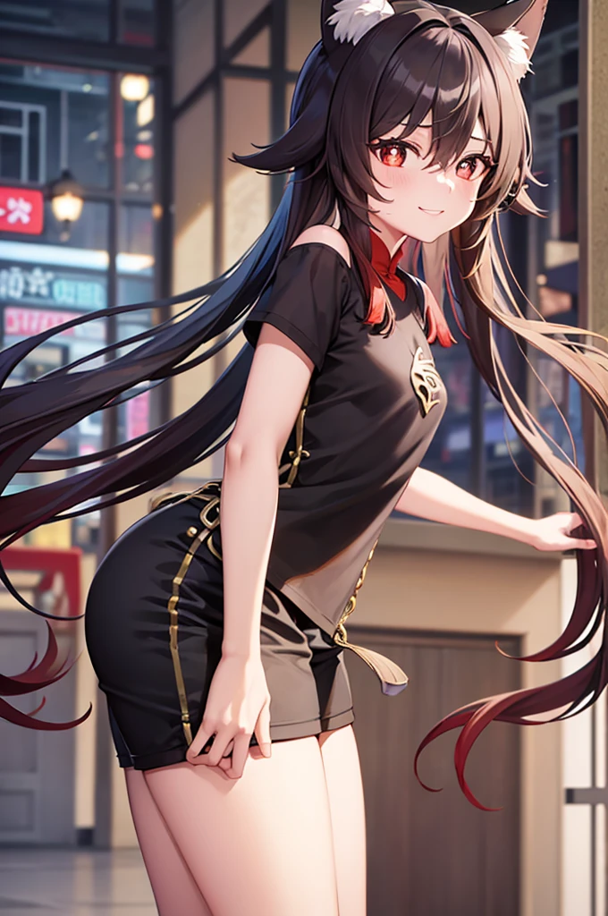 Hu Tao, 1girl, solo, long hair, looking at viewer, animal ears, smile, cat ears, breasts, fake animal ears, city background, bare shoulders, teeth, tight shirt, short sleeves, closed mouth, black t-shirt,portrait, shorts, skin tight outfit, seductive, realistic, best quality, masterpiece, ultra detail, ultra high res, extreme detail, 8k