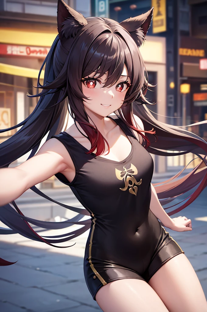 Hu Tao, 1girl, solo, long hair, looking at viewer, animal ears, smile, cat ears, breasts, fake animal ears, city background, bare shoulders, teeth, tight shirt, short sleeves, closed mouth, black t-shirt,portrait, shorts, skin tight outfit, seductive, realistic, best quality, masterpiece, ultra detail, ultra high res, extreme detail, 8k