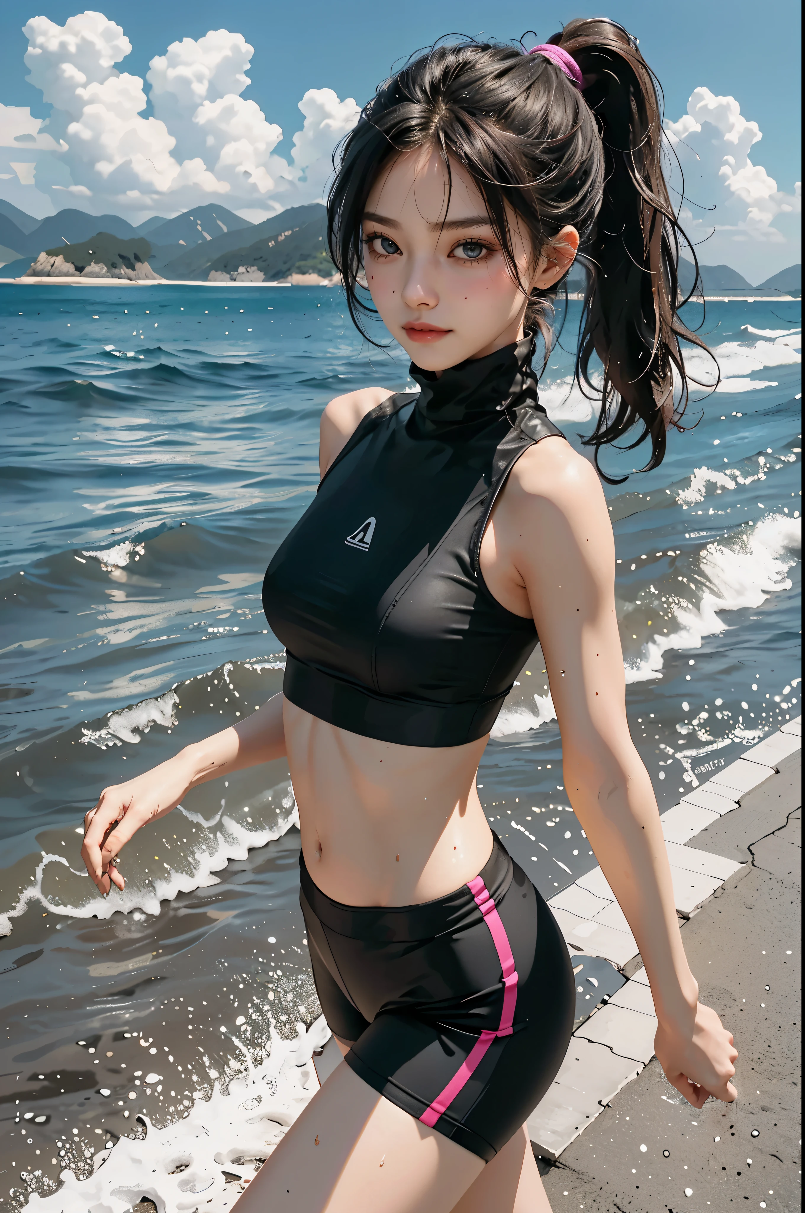 Arafed asian woman in a black top and black shorts walking on the beach -  SeaArt AI