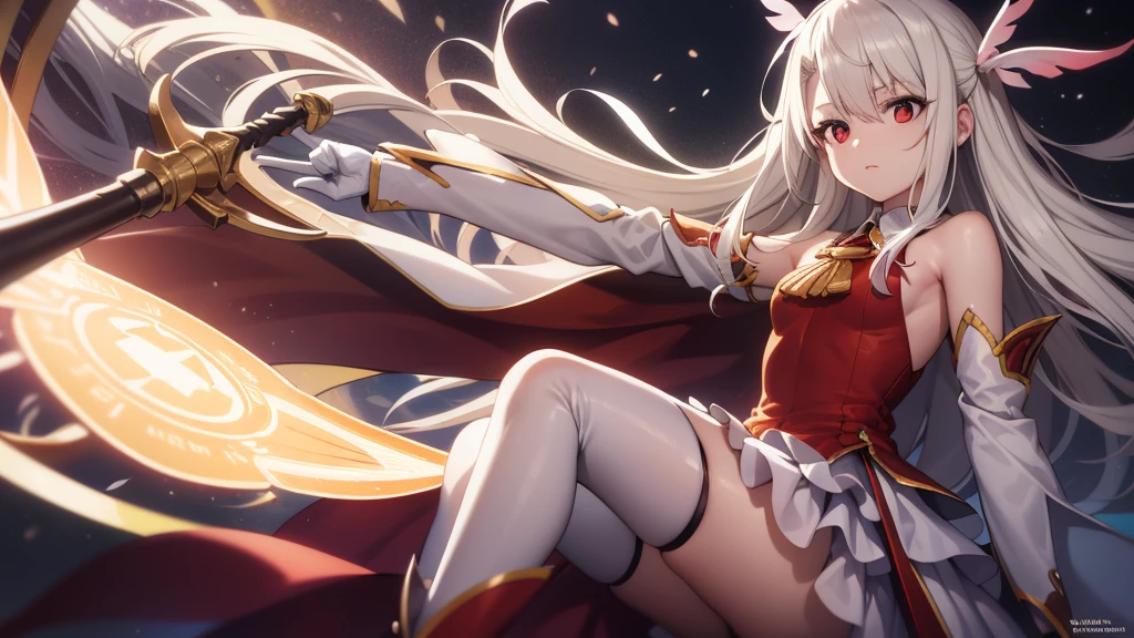 Illyasviel von Einzbern, blonde hair, hair between eyes, long hair, (red eyes:1.5),
 boots, Detached sleeves, , white gloves, white skirt, absolute chance,There is a time circle behind it，Red one shoulder cape
(masterpiece:1.2), best quality, high resolution, unified 8k wallpaper, (illustration:0.8), (beautiful and delicate eyes:1.6), extremely detailed face, perfect lighting, Extremely detailed CG, (perfect hands, perfect anatomy),Slash enemies with a lightsaber，Time God Realm，fortune god，The power of the king，Hero King，King&#39;s Landing of Ten Thousand Dharmas，Panorama