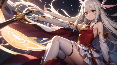 illyasviel von einzbern, blonde hair, hair between eyes, long hair, (red eyes:1.5),
 boots, detached sleeves, , white gloves, wh...