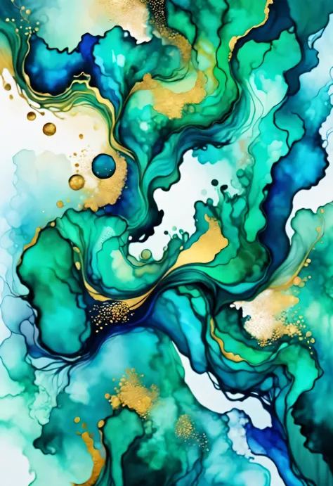 Alcohol ink abstract washed background，flowing，mixed blue，Kaneko，Emerald green，gradient color，acrylic paint，Waves and terraces texture
