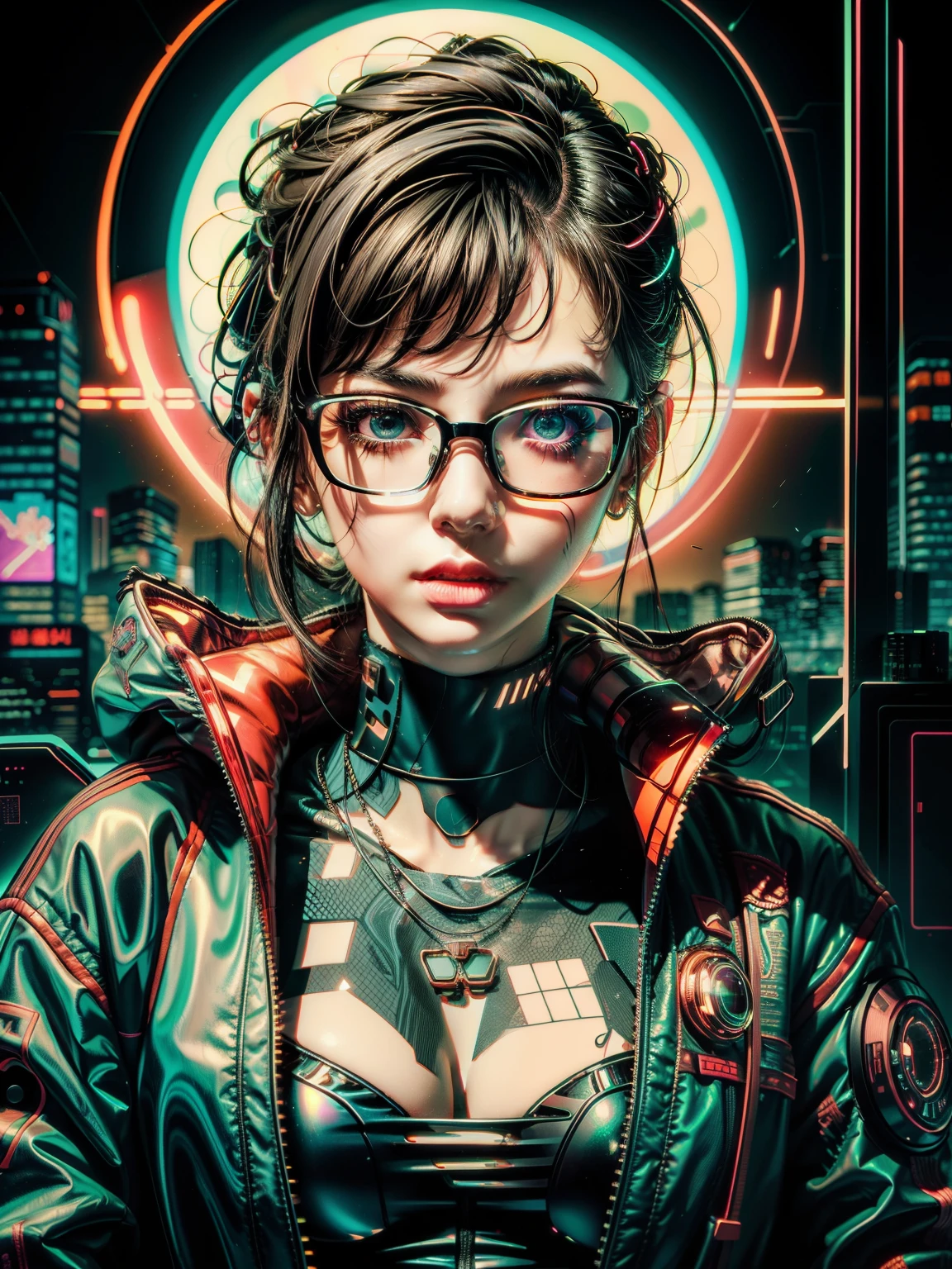 masterpiece, best quality, ultra detailed, 1girl, solo, close up of a woman with glasses and a jacket, cyberpunk art style, cyberpunk portrait, bright cyberpunk glow, darksynth character portrait