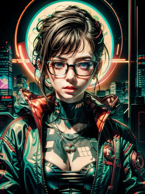 masterpiece, best quality, ultra detailed, 1girl, solo, close up of a woman with glasses and a jacket, cyberpunk art style, cybe...