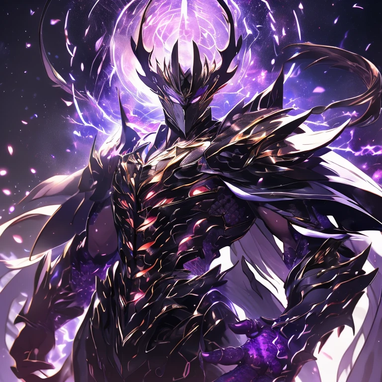 masterpiece, highly detailed CG unified 8K wallpapers, 8k uhd, dslr, high quality, clean, best illumination, perfect face, 1 man, long purple hair, purple hair, a god in a purple and black dragonic armor, black dragon wings, black dragon tail, glowing purple eyes, dragon claws, half dragon, cinematic, ultra-high resolution, ultra-high detailed, high-definition, shadowverse style, standing