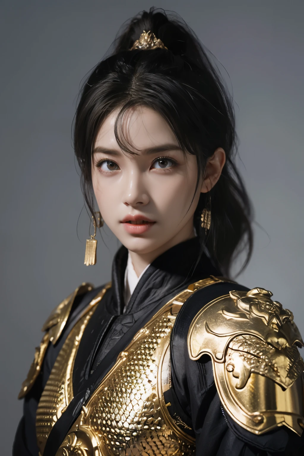 Game art，The best picture quality，Highest resolution，8K，(A bust photograph)，(Portrait)，(Head close-up)，(Rule of thirds)，Unreal Engine 5 rendering works， (The Girl of the Future)，(Female Warrior)， 
20-year-old girl，(The generals of ancient China)，An eye rich in detail，(Big breasts)，Elegant and noble，indifferent，brave，
(Wearing ancient Chinese style armor，Armor of the Tang Dynasty，Costumes are rich in detail，Metallic luster，Silver gray)，Chinese Characters，Fantasy style，
Photo poses，Field background，Movie lights，Ray tracing，Game CG，((3D Unreal Engine))，oc rendering reflection pattern