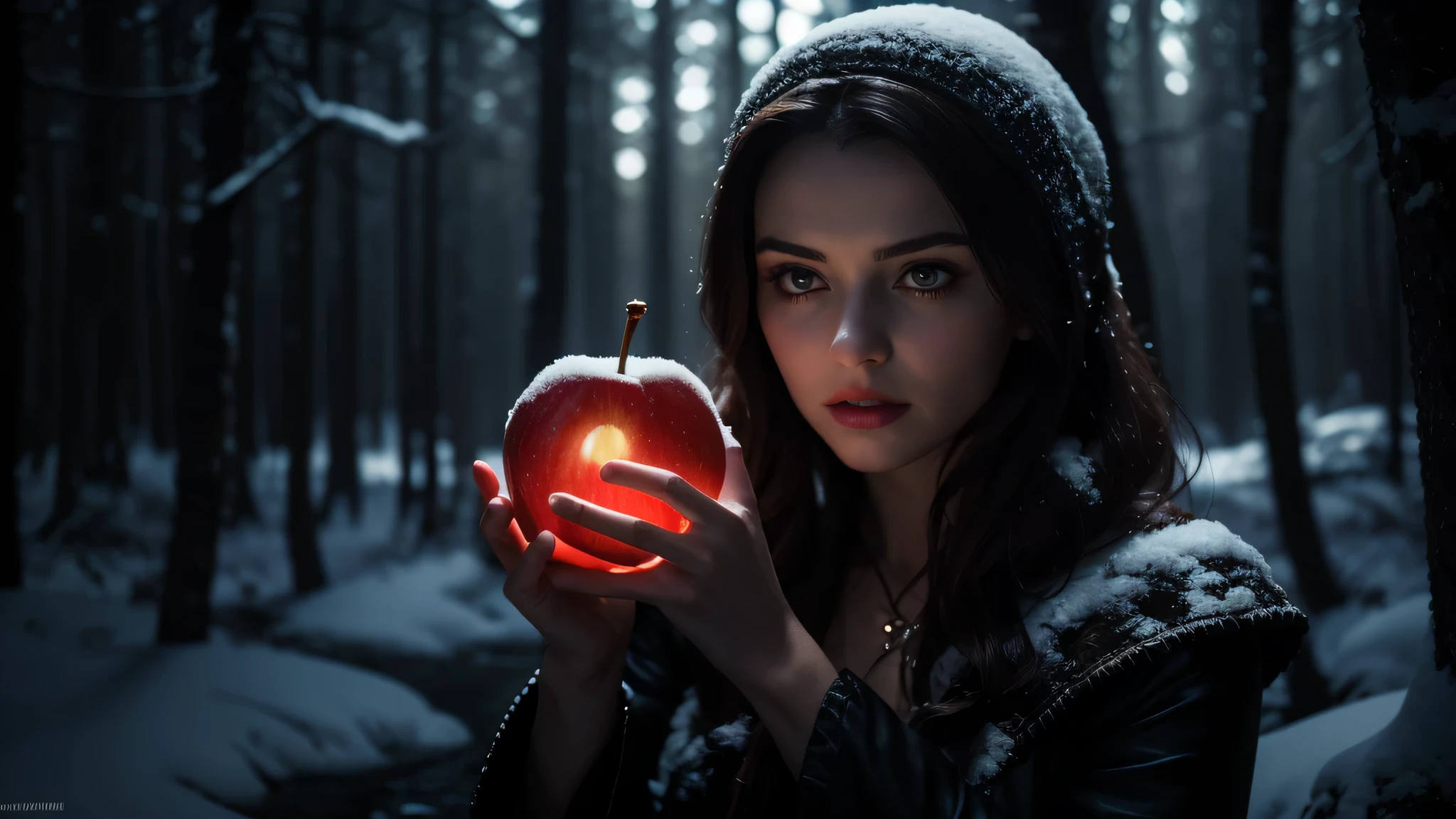 Snow White stood in the middle of a dark forest, shrouded in darkness and drama. Her dress reflected the glow of the glowing apple she held in her hand. Her face was pale than snow, and her eyes shone mysteriously in the dark surroundings, her extremly long redhair are blowing in the wind. The harsh light of the poisoned apple shone into Snow White's hands, creating a contrast with the darkness of the forest surrounding her. Her lips were slightly ajar, showing the sadness and drama of the fate she had been dealt., high detail, Gothic art, Realism, cinematic lighting, depth of field, glowing light, best quality, highres, UHD, masterpiece