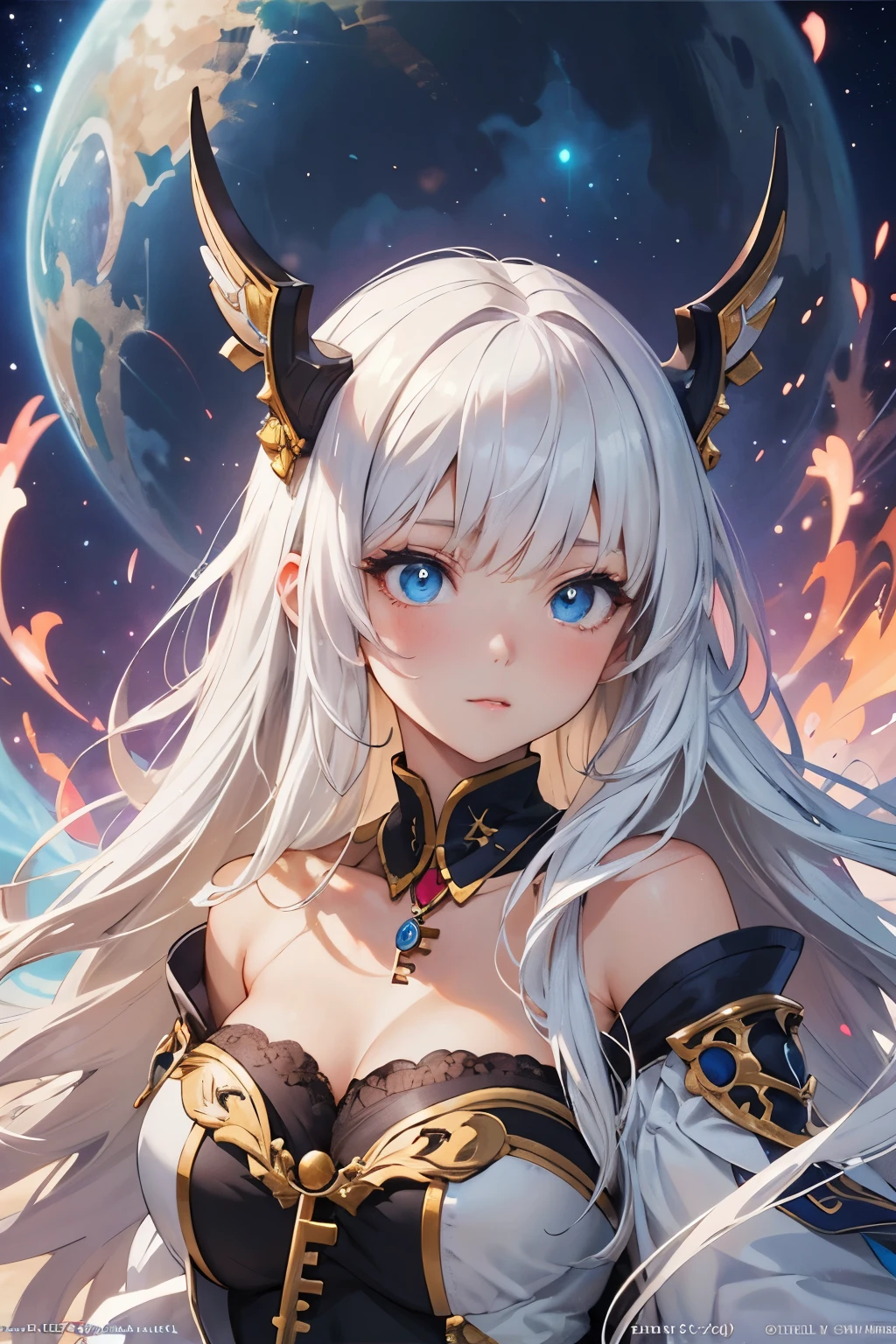 a woman with long white hair and blue eyes in a dress, portrait knights of zodiac girl, anime goddess, knights of zodiac girl, detailed digital anime art, beautiful celestial mage, beautiful alluring anime woman, extremely detailed artgerm, white haired deity, detailed key anime art, detailed anime artwork, detailed anime character art, a beautiful fantasy empress, shadowverse style