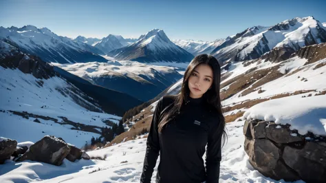 highest quality、perfect face、Black shirt with long sleeves、Compression、Snowy mountains in the background