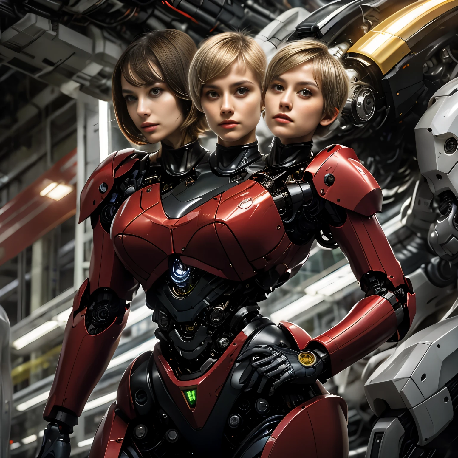 最佳分辨率, 2头, 有两个头的机器人女人, 不同种族, 金色马尾辫, 精灵短发,  红色机器人身体, 机械背景
