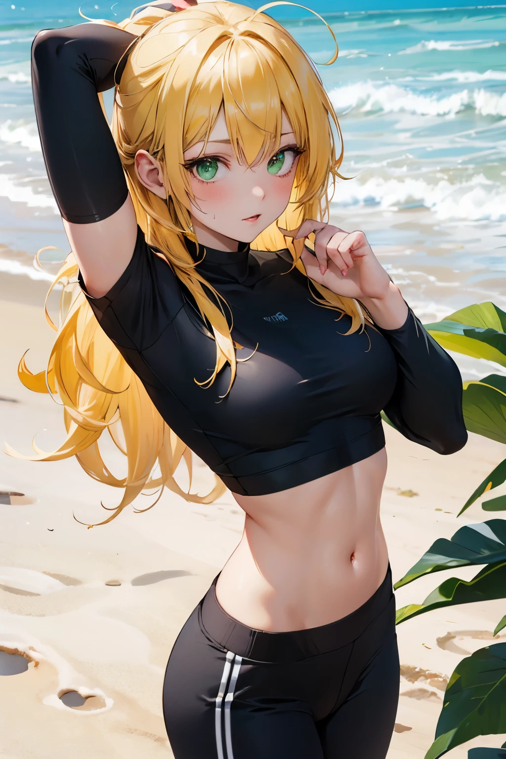 Yellow hair girl, long messy hair, black hair highlights, green eyes, black cropped shirt, with for flower, white sweatpants, madure muscle aesthetic body, in beach